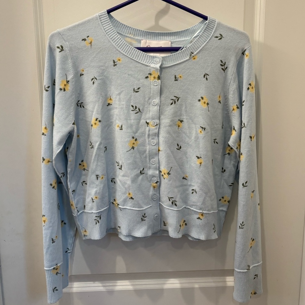 NWT Pink Rose Light Blue Floral Cardigan - M